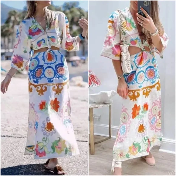 07 Boho Floral Tropical Print Cut out Short Sleeve Dress - Picture 7 of 7